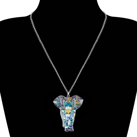 Women's Blue Jungle Safari Wild Enamel Pendant Lightweight Elephant Necklace - Picture 2 of 6